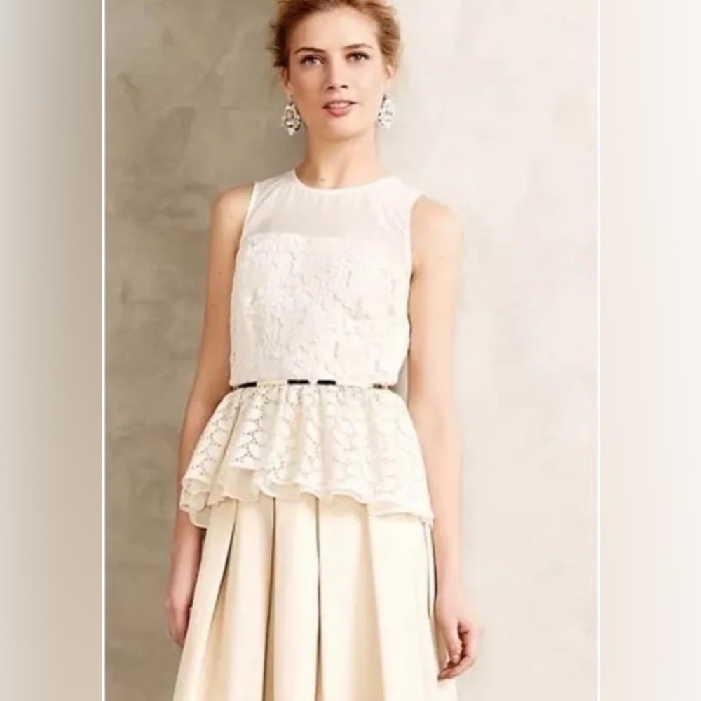 Anthropologie FLOREAT Trois Peplum Lace Sleeveless Ivory Top Blouse Size 6